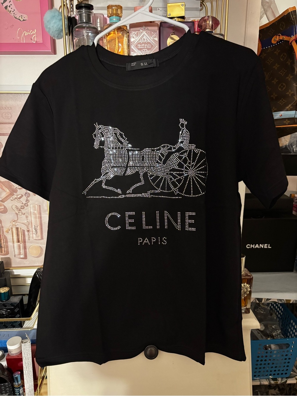 Fashion bling top Paris Black Logo Tee with Rhinestone Detail